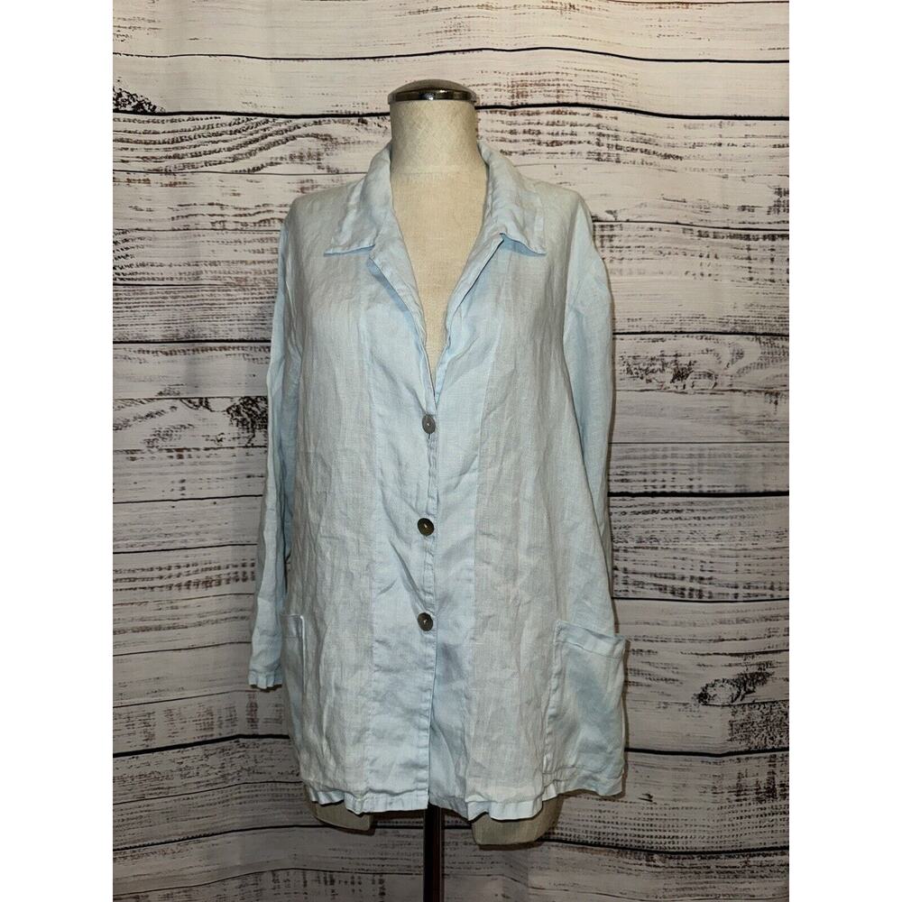 Match Point USA 100% Linen Blouse Button Light Blue Size‎ M Boxy Lagenlook